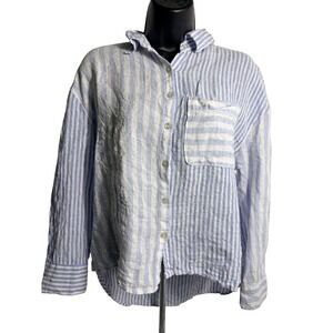 Nicole Miller New York Shirt Womens Small Blue White Stripe Linen Button Top